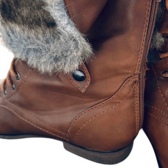 Bumper Womens Tan Faux Leather Lace Up Fur Lined Combat Boots Ankle Mid Calf - Picture 6 of 12